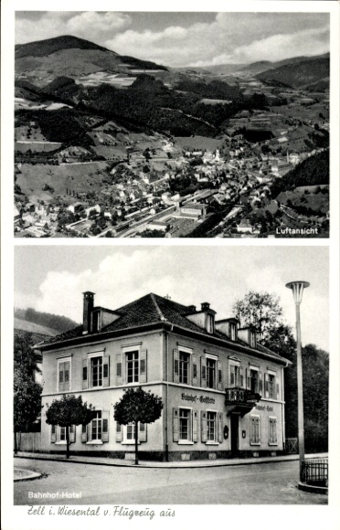 Postcard Zell im Wiesental, aerial view, train station hotel, beautiful guest rooms, good cuisine