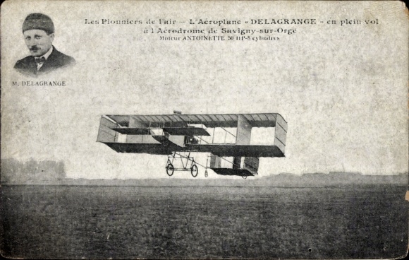 Postcard Les Pionniers de l'air, L'Aéroplane Delagrange, in flight, Savigny sur Orge airfield