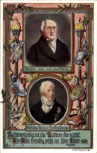 Künstler Ak Freiherr vom und zum Stein, Carl Aug. Fürst von Hardenberg, Schiller Zitat