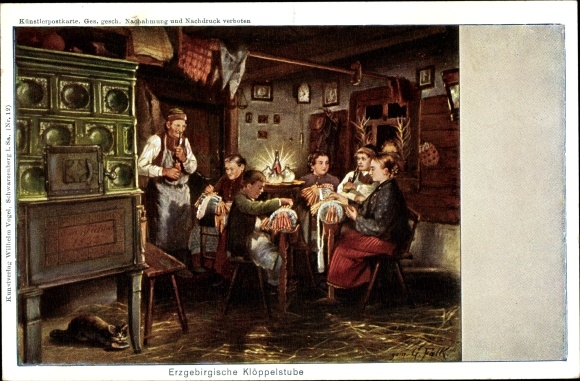 Artist Postcard Falk, G., Erzgebirge Klöppelstube, lace makers at work
