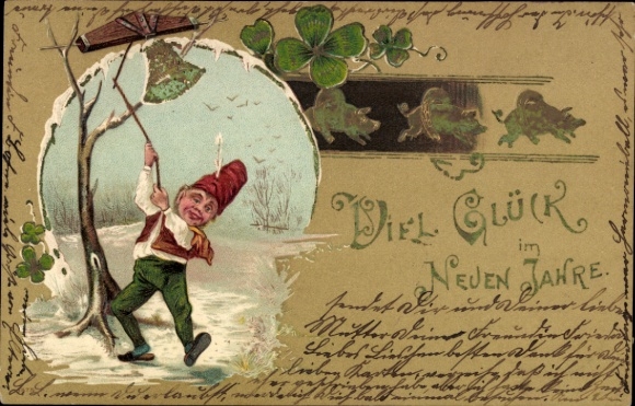 Embossed Postcard Congratulations New Year, cloverleaf, dwarf rings a bell