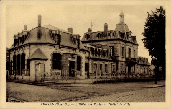 Ak Persan Val-d’Oise, L'Hôtel des Postes, Hôtel de Ville, s Gebäude, schwarz-weiße Darstellung