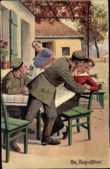Artist Postcard The Requisition, soldiers with women in front of the inn, kiss, always an expert, I. WK