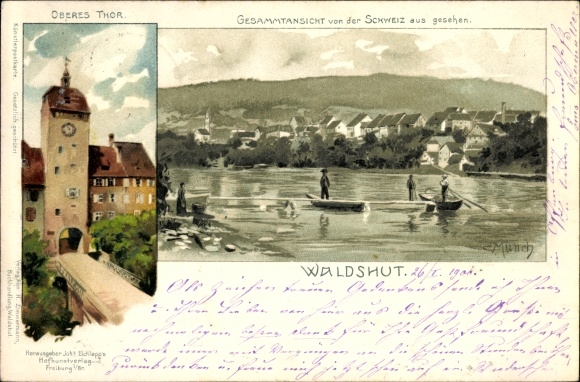Artist Chromo-Litho Münch, C., Waldshut Tiengen in Baden Württemberg, upper gate, river section