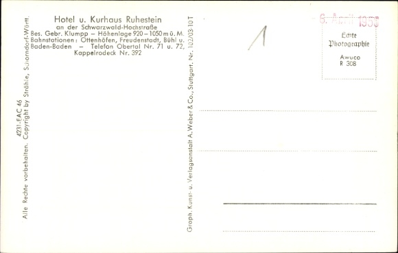 Postcard Ruhestein Baiersbronn in the Black Forest, aerial photograph, Hotel and Kurhaus Ruhestein