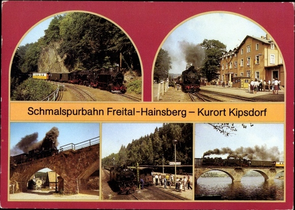 Postcard narrow gauge railway Freital Hainsberg Kipsdorf, viaduct in Malter, station Dippoldiswalde, Rabenau