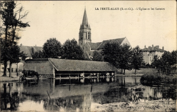 Ak La Ferté Alais Essonne, L'Eglise et les Lavoirs