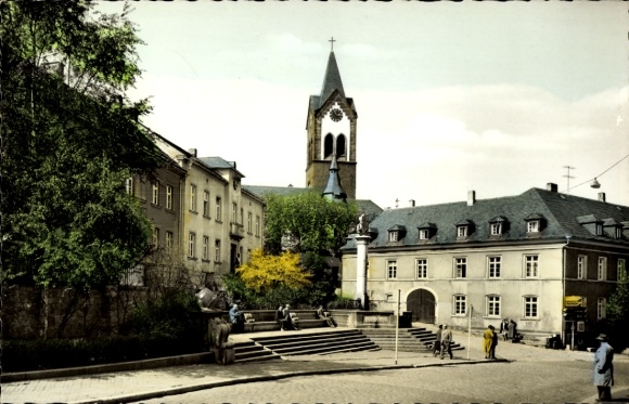 Hammelburg ak in Lower Franconia, Bavaria, view of a church, historic buildings, trees, stairs...