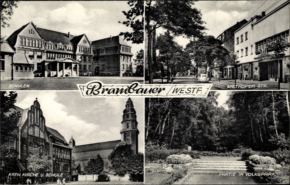 Ak Brambauer Lünen in Noordrijn-Westfalen, scholen, openbaar park, kerk
