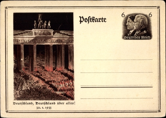 Ganzsachen Ak Berlin, Deutschland über alles, Aufmarsch 30.01.1933, Brandenburger Tor