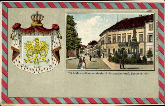 Embossed coat of arms Chromo-Litho Germersheim in the Rhine plain of Rhineland-Palatinate, commander&#39;s office, war memorial