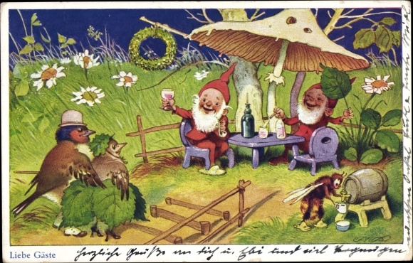 Artist PC Baumgraten, Fritz, dear guests, pair of birds, dwarves toasting, bee