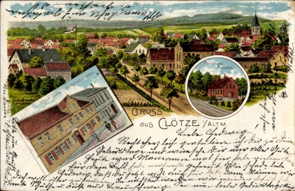 Chromo-Litho Clötze Klötze in the Altmark, Hotel zum goldenen Löwen, Forsthaus Pansau