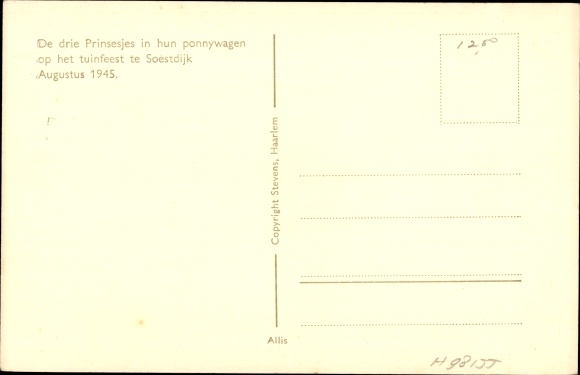 Postcard Princesses of the Netherlands, Beatrik, Irene, Margriet, Marijke, pony carriage, August 1945
