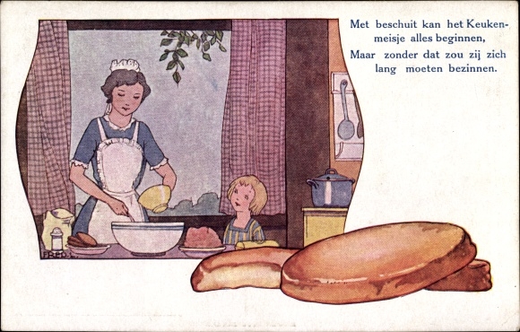 Artist Postcard The Kitchen Maid can start anything with rusks, The Finest Rusks, Advertising