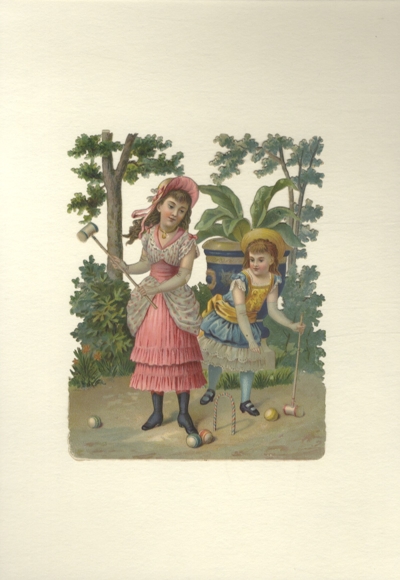 oblate Two girls playing cricket, size approx. 16.5 x 13 cm