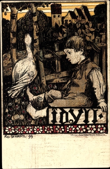 Artist Chromo-Litho Schiest, Rudolf, brother of Matthew, Idyll, boy, goose