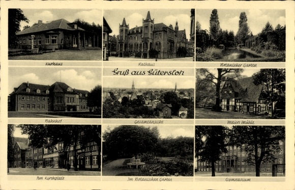 Ak Gütersloh in Westfalen, Kurhaus, Rathaus, Botanischer Garten, Bahnhof, Gymnasium, Meiers Mühle