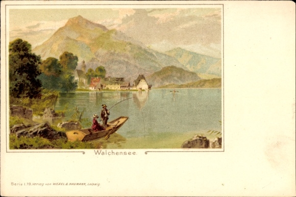 Chromo-Litho Walchensee Kochel am See, panorama, rowing boat, angler