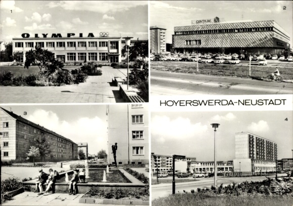 Postcard Hoyerswerda in Upper Lusatia, HO Restaurant Olympia, Centrum department store, fountain