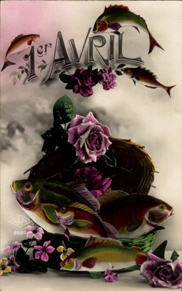 Postcard 1. April, Fish, Roses
