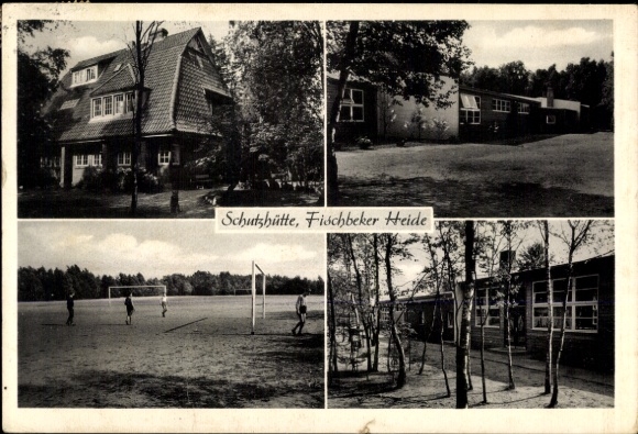 Postcard Hamburg Harburg Neugraben Fischbekt, shelter Fischbeker Heide, football field