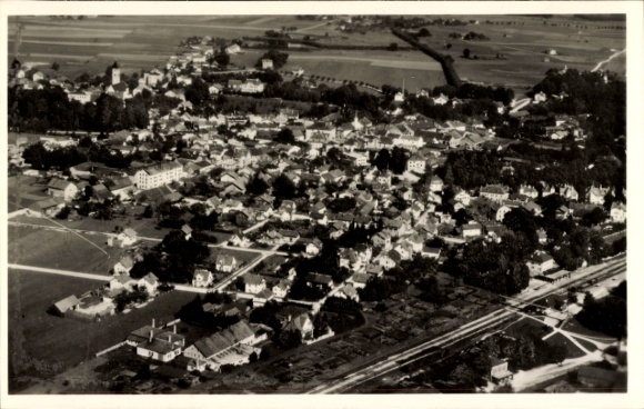 Postcard Bad Aibling in Upper Bavaria, aerial view of the city with many houses and fields