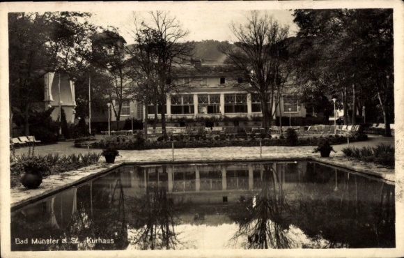 Ak Bad Münster am Stein Bad Kreuznach an der Nahe, kuurhuis, Bad Münster, tuin, vijver, bomen