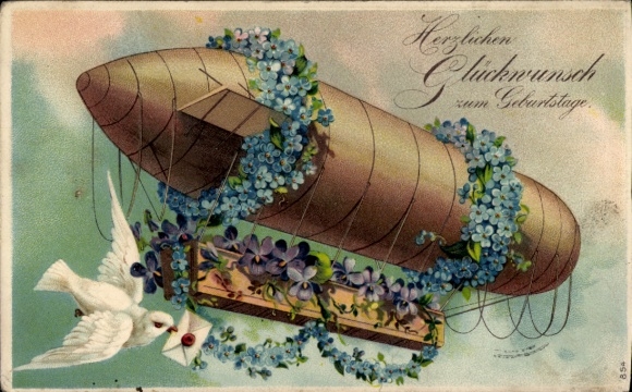 Embossed PC congratulations birthday, flowers, airship, carrier pigeon