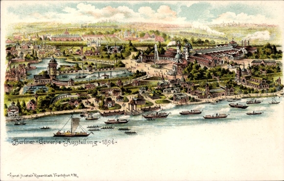 Litho Berlin Treptow, Gewerbeausstellung 1896, Gesamtansicht, Vogelschau