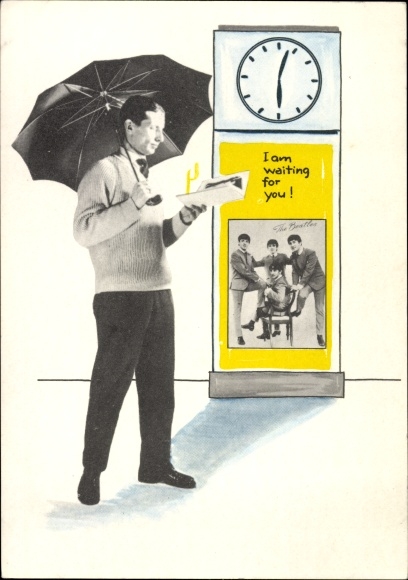 Postcard music group the Beatles, poster, man with umbrella