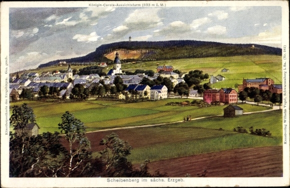 Künstler Ak Scheibenberg im Erzgebirge, Panorama, Aussichtsturm