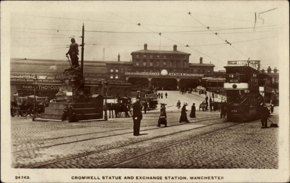 Postcard Manchester England, Cromwell Statue and Exchange Station, Tram