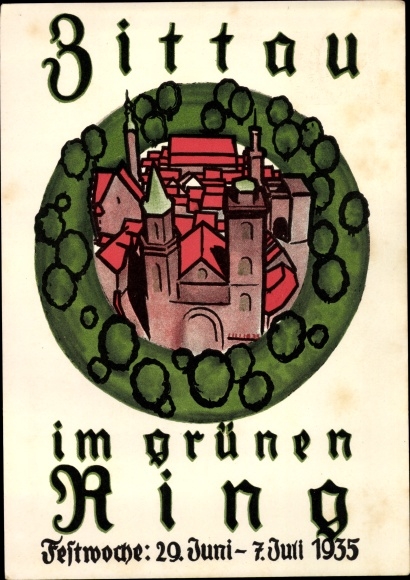 Postwaardestuk ansichtkaart Zittau in Oberlausitz, feestweek 1935, in de groene ring, postzegeltentoonstelling