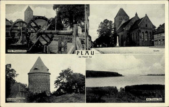 Postcard Plau am See, old water mill, church, castle tower, Plauer See