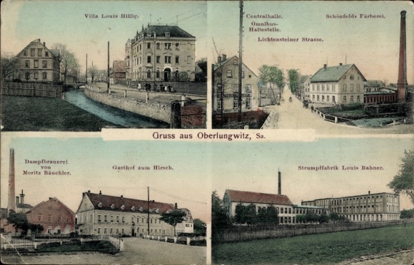 Ak Oberlungwitz in Sachsen, Dampfbrauerei, Villa Louis Hillig, Centralhalle, Gasthof zum Hirsch, 