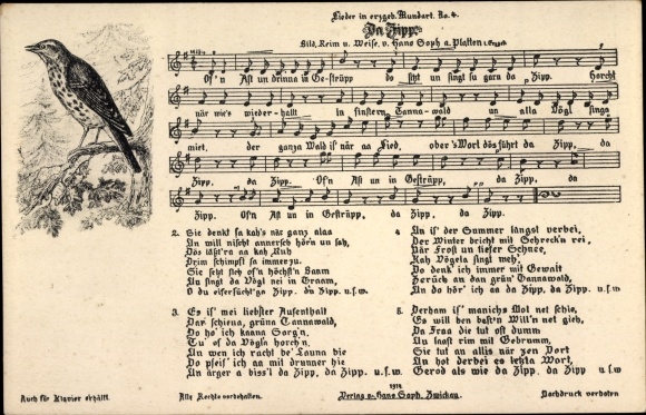 Song Postcard Soph, Hans, Da Zipp, Ore Mountain dialect No. 4, Vogel