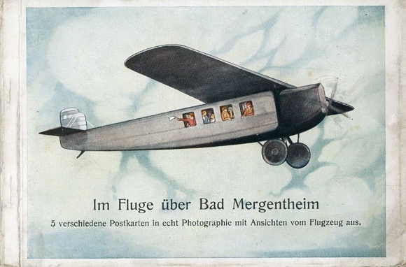 5 PCs in the envelope, In flight over Bad Mergentheim, Verlag Chr. Heller, book and art shop