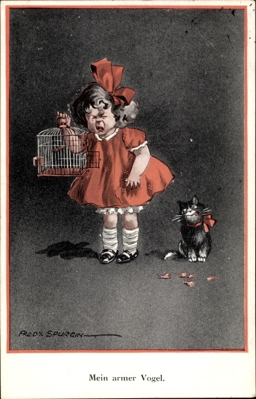 Artist Postcard Spurgin, F., Cat Ate a Bird, My Poor Bird, Sad Girl