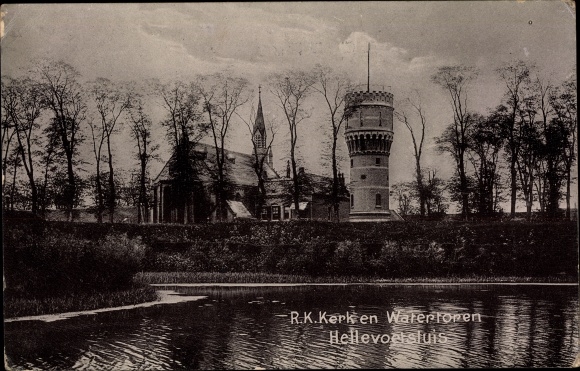 Postcard Hellevoetsluis South Holland, church, water tower