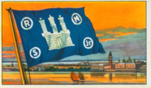 Collectiefoto rederij vlaggen van de wereldkoopvaardijvloot nr. 113, rederij Rob. M.Sloman & Co.