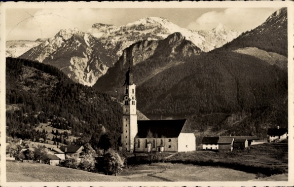 Postcard Pfronten im Allgäu, A black and white illustration of a church with mountain peaks in the background.