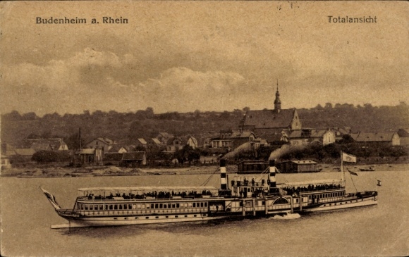 Ak Budenheim am Rhein, algemeen beeld, stoomschip