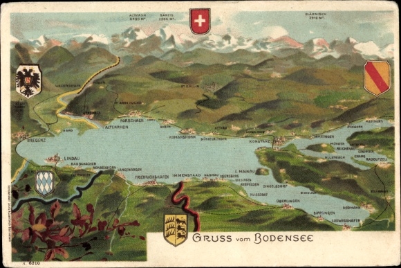 Maps litho Constance on Lake Constance, Altenrhein, Rorschach, Allenbach, Ludwigshafen, coat of arms