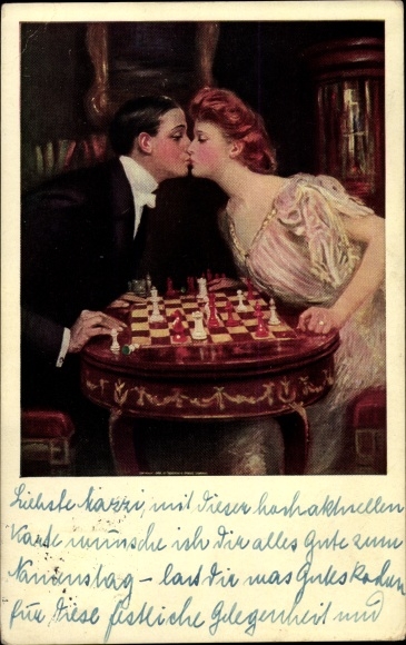 Artist Postcard lovers play chess, kiss
