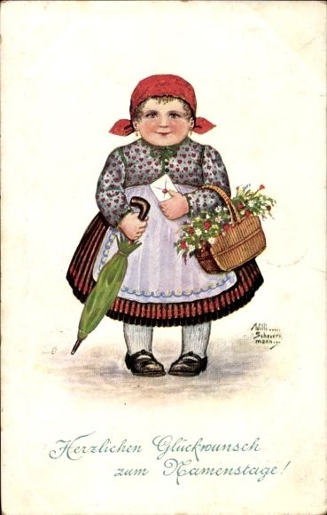 Kunstenaar Ak Gefeliciteerd Naamdag, Meisje, Bloemenmand