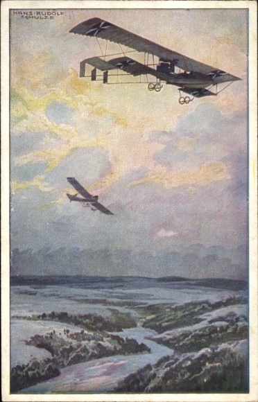 Artist Postcard Schulze, Hans Rudolf, Military biplane on reconnaissance mission over the Argonne Forest
