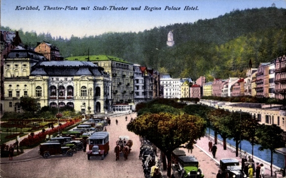 Postcard Karlsbad in Baden, Theater Square, City Theater, Regina Palace Hotel, old cars