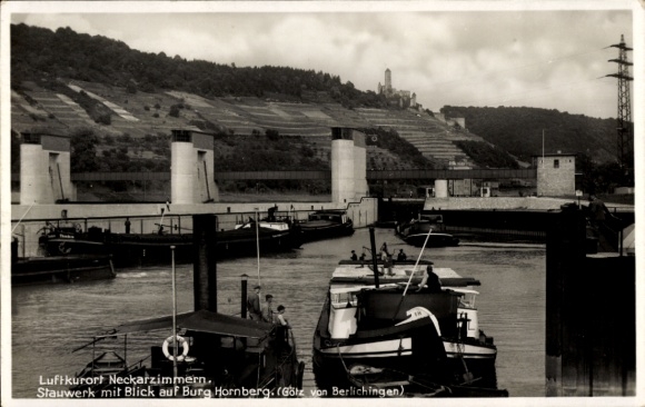 Postcard Neckarzimmern in the Neckar Valley, dam, Hornberg Castle