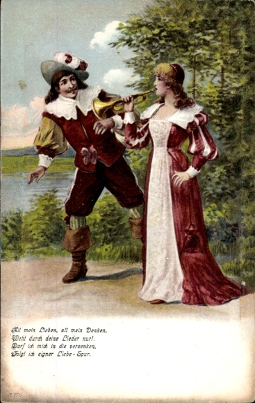 Embossed Postcard trumpeter from Säckingen, lovers